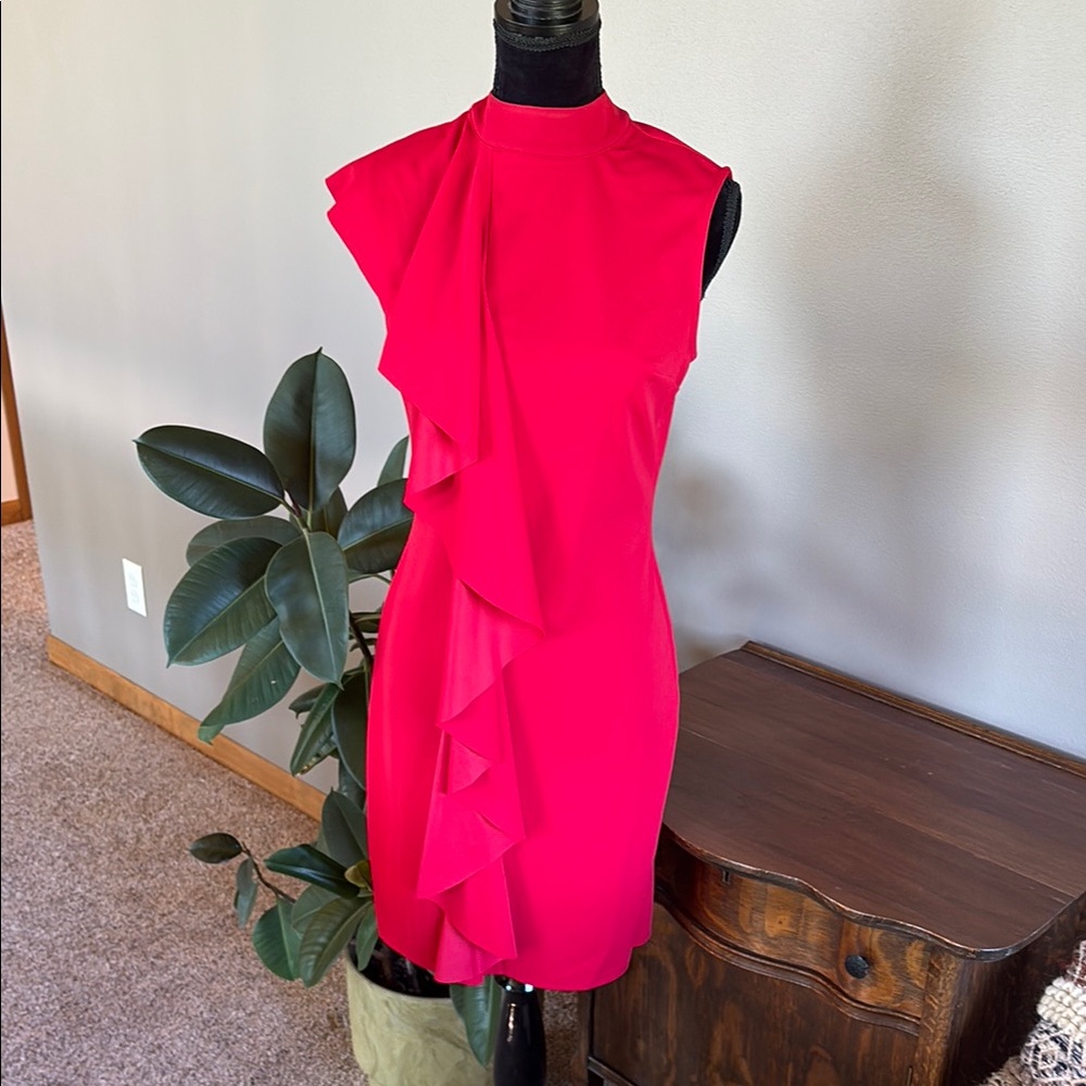 Red Ruffled Asymmetrical Midi Dress